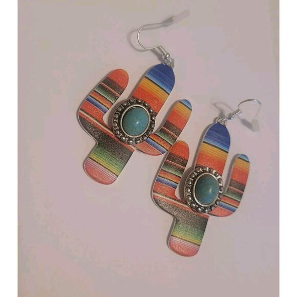 Earrings Serape Cactus Turquoise Stone Fishhook Western Boho Fashion Jewelry‎ - Picture 1 of 5